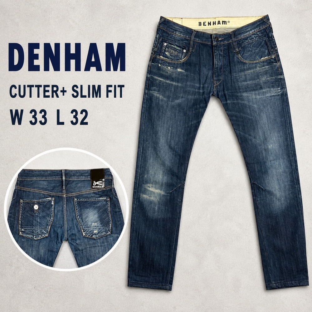 Denham Cutter+ Slim Fit Jeans Mens 33x32 Indigo‎ Blue Faded Cotton DM04009